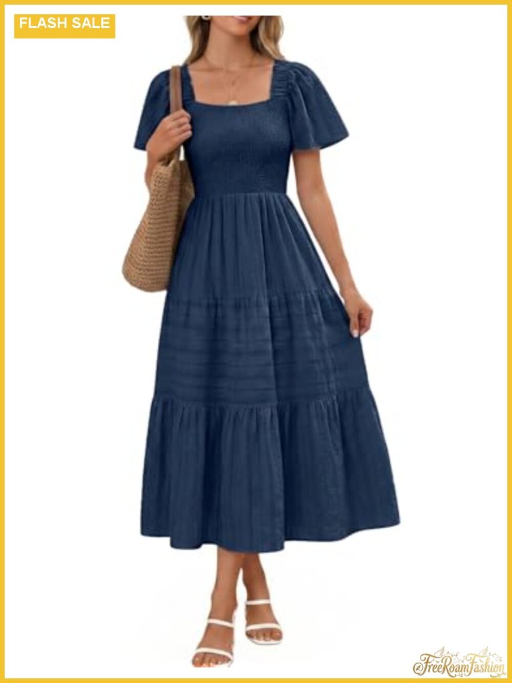 Women's Smocked Boho Midi Dress with Pockets Square Neck Flutter Sleeves